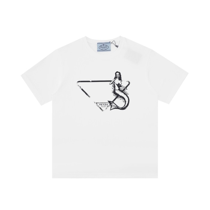 【限定】プラダ 偽物通販 人魚姫のインクこぼれプリントカップル単色半袖Tシャツ