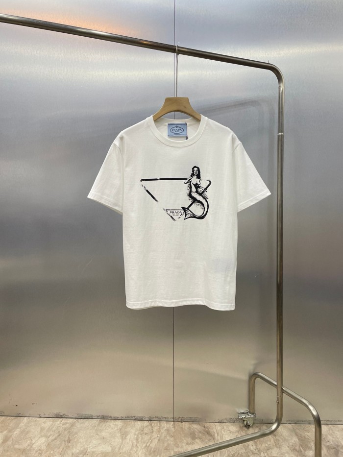【限定】プラダ 偽物通販 人魚姫のインクこぼれプリントカップル単色半袖Tシャツ