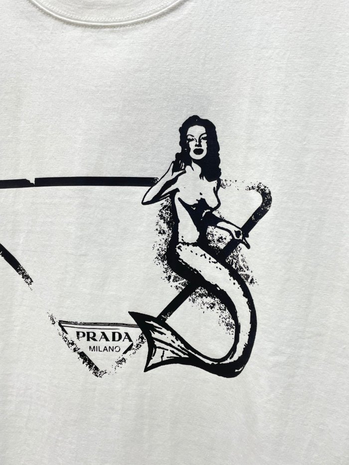 【限定】プラダ 偽物通販 人魚姫のインクこぼれプリントカップル単色半袖Tシャツ