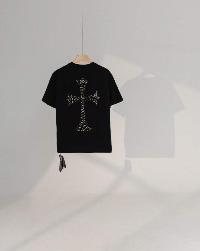 追跡付 クロムハーツ コピーおすすめ 革の馬蹄十字架を貼った小さな鉄のマイクロロゴTシャツ2色