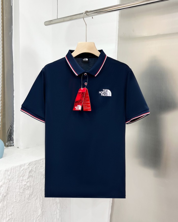 ★超人気 ザノースフェイス 激安偽物 夏の色ストライプ開襟ポロシャツ純色カジュアル半袖Tシャツ5色
