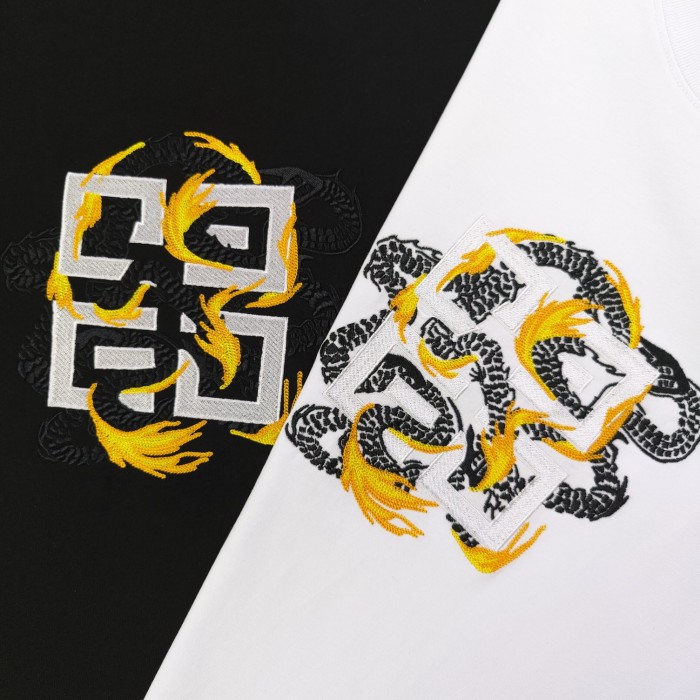 ★超人気 フェンディ コピー 刺繍竜騰模様ロゴ刺繍カジュアルカップルゆったり半袖Tシャツ2色