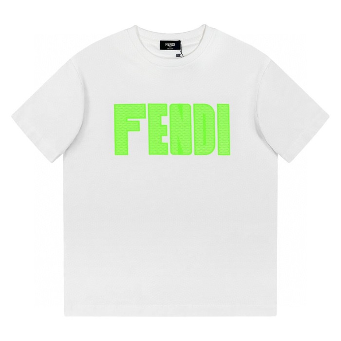 高品質 フェンディ 激安通販 アルファベットロゴ蛍光緑プリントラウンドネック半袖Tシャツ