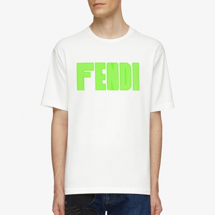 高品質 フェンディ 激安通販 アルファベットロゴ蛍光緑プリントラウンドネック半袖Tシャツ