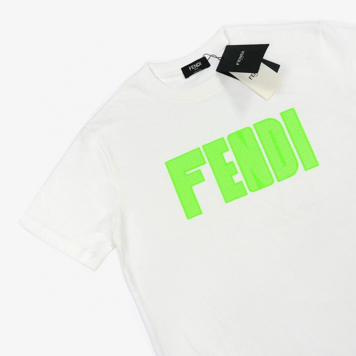 高品質 フェンディ 激安通販 アルファベットロゴ蛍光緑プリントラウンドネック半袖Tシャツ