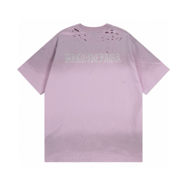 超話題! バレンシアガ コピー 2024 SS背中サンスクリット文字LOGO水洗磨耗破穴旧半袖Tシャツ