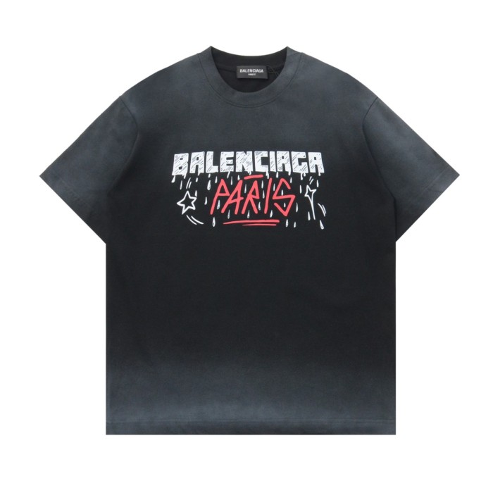 追跡付 バレンシアガ 激安偽物 レインプリントグラデーションカジュアル丸首半袖Tシャツ