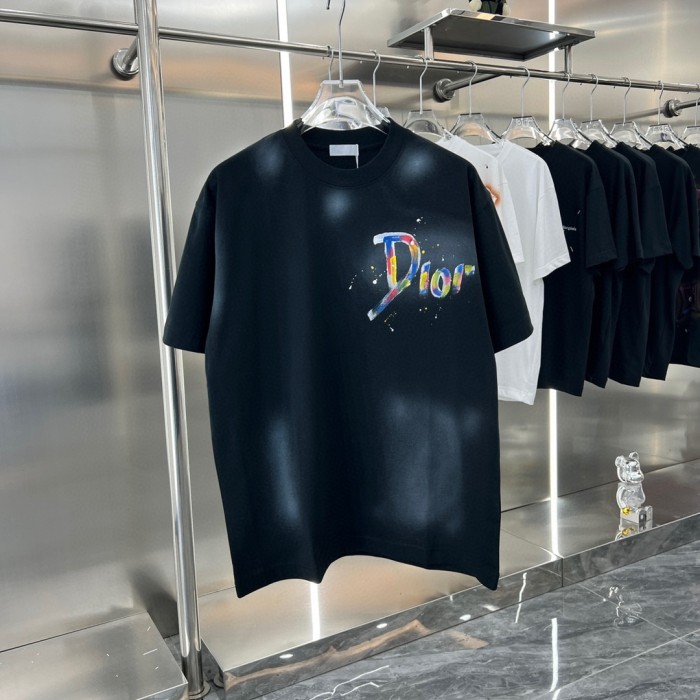 一目惚れ♪ ディオール 激安通販2024 ss新作手描きインクかけカップルカジュアル半袖Tシャツ