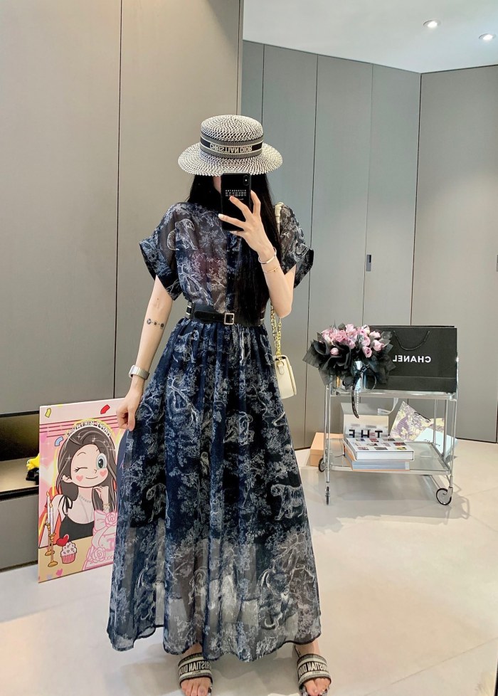 【限定】ディオール 激安通販 デジタルプリントクラシックジャングル模様大振りウエストワンピース