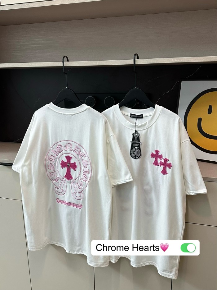 追跡付 クロムハーツ スーパーコピー 皮ラベル布刺繍ピーチピンク半袖