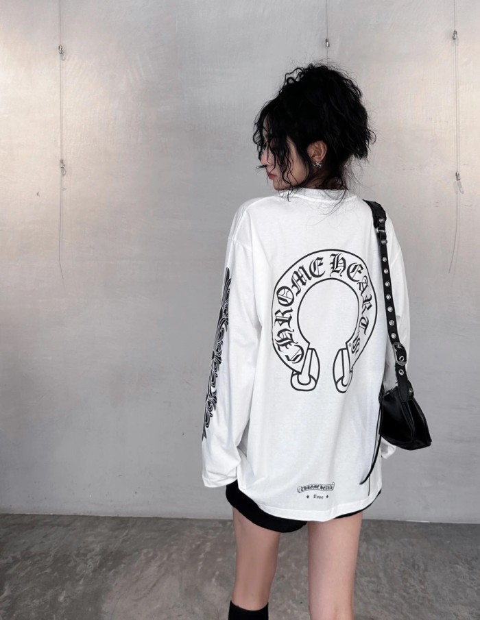 超話題! クロムハーツ 偽物通販 背馬蹄サンスクリットプリントカップル長袖Tシャツ