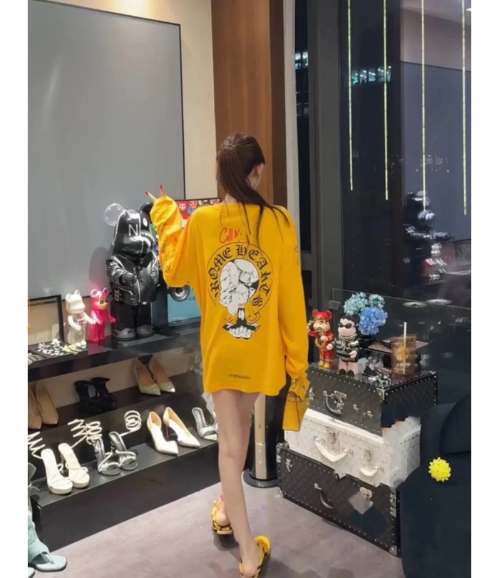 一目惚れ♪ クロムハーツ 激安偽物 十字架落書き袖レモンイエローカップル長袖Tシャツ