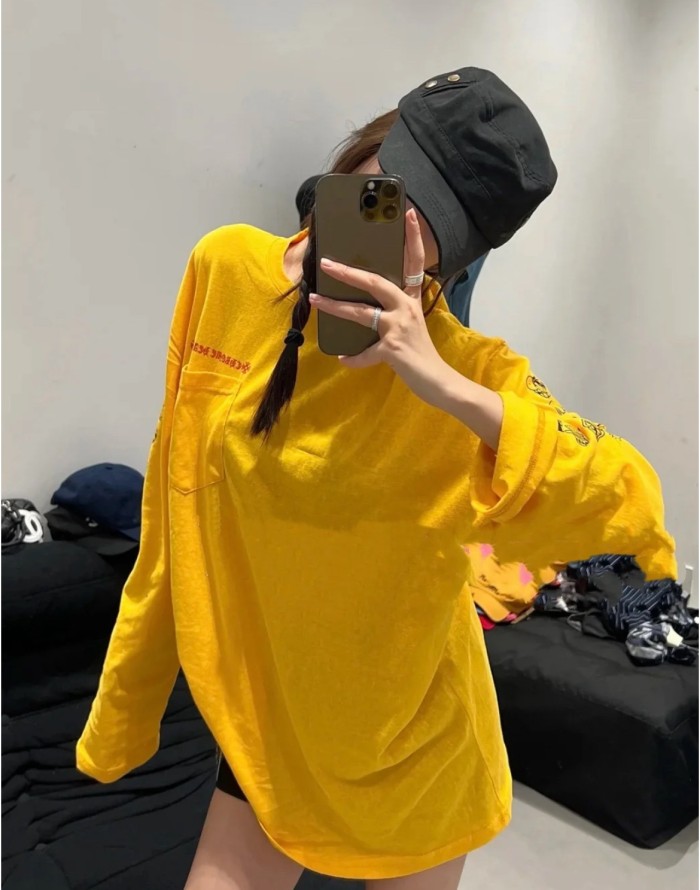 一目惚れ♪ クロムハーツ 激安偽物 十字架落書き袖レモンイエローカップル長袖Tシャツ