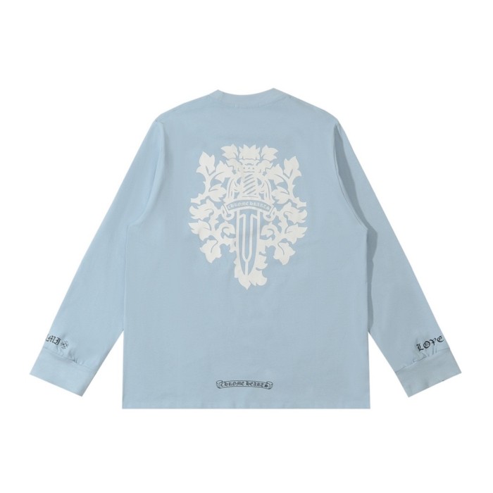 入手困難 クロムハーツ コピーおすすめ サンスクリット大宝剣プリントブルーカップル長袖Tシャツ