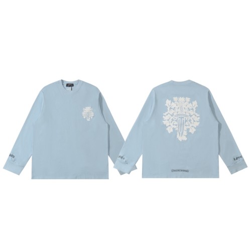 入手困難 クロムハーツ コピーおすすめ サンスクリット大宝剣プリントブルーカップル長袖Tシャツ