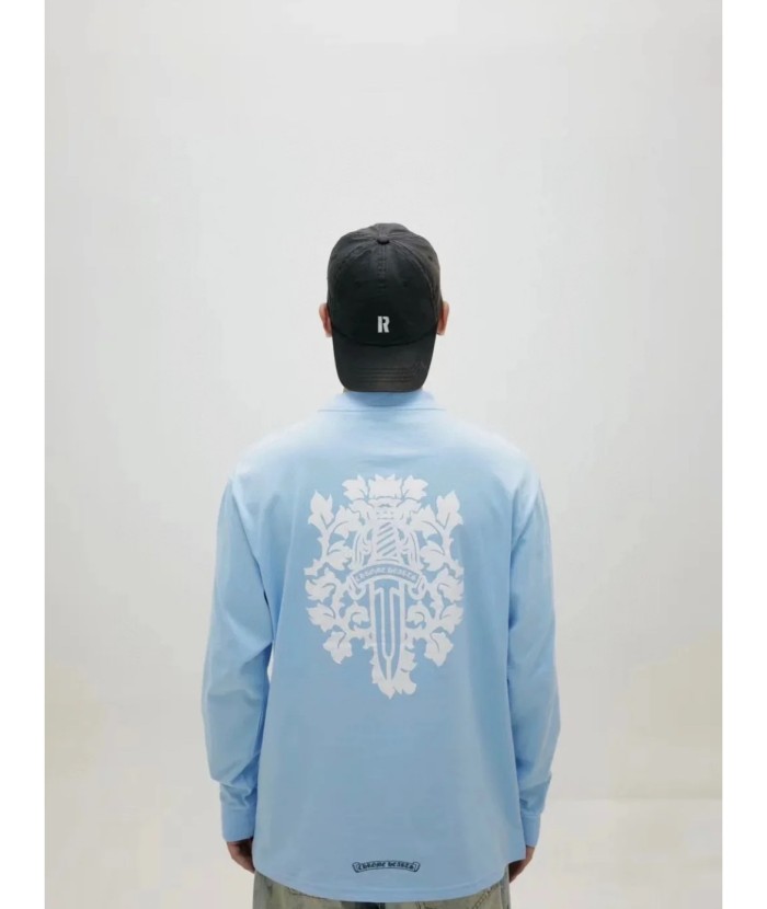 入手困難 クロムハーツ コピーおすすめ サンスクリット大宝剣プリントブルーカップル長袖Tシャツ