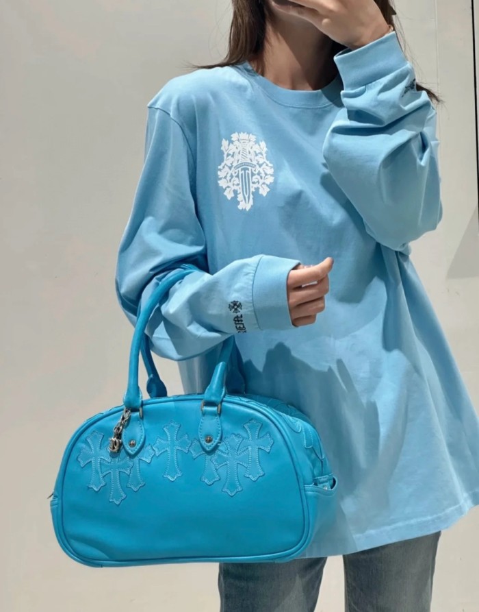入手困難 クロムハーツ コピーおすすめ サンスクリット大宝剣プリントブルーカップル長袖Tシャツ
