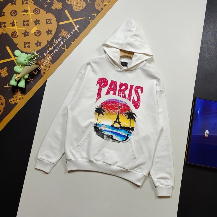 超奇跡の入荷☆ バレンシアガ 激安偽物 2024 SSハワイ落日ヤシの塔LOGO模様プリントのフード付き衛衣2色