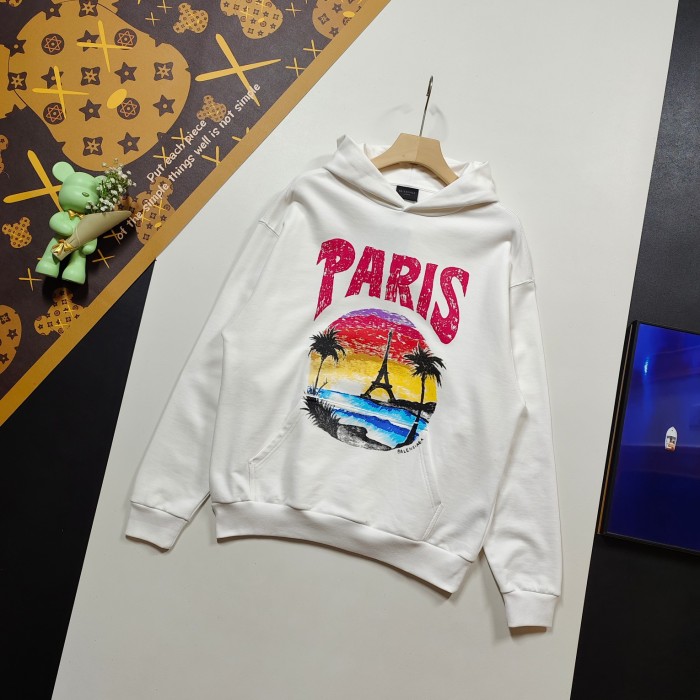 超奇跡の入荷☆ バレンシアガ 激安偽物 2024 SSハワイ落日ヤシの塔LOGO模様プリントのフード付き衛衣2色