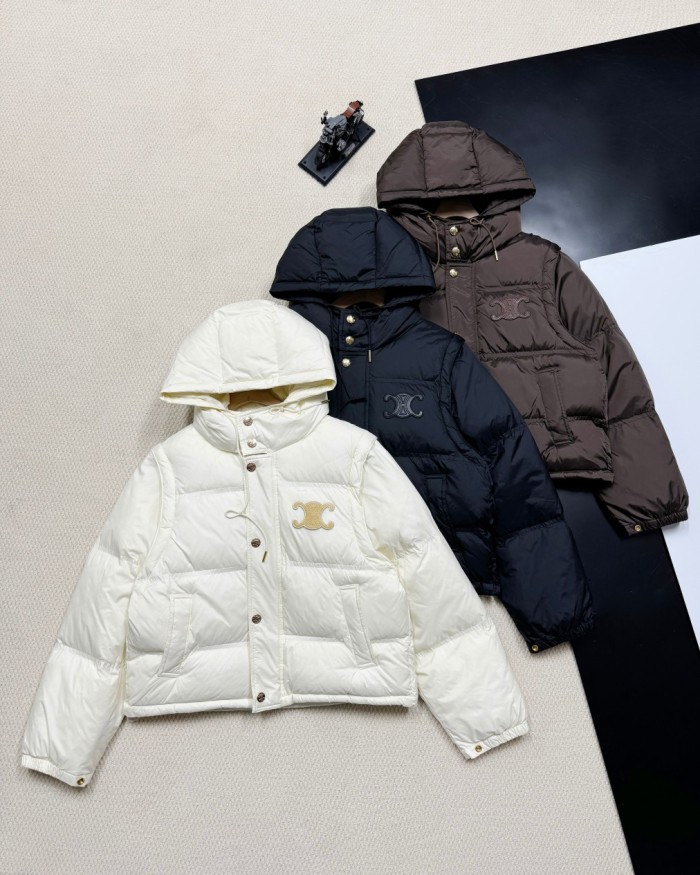追跡付 セリーヌ 偽物通販 24SSレザー刺繍ロゴ取り外し可能袖連帽ダウンジャケットレディース3色