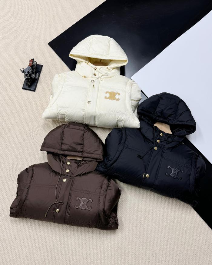追跡付 セリーヌ 偽物通販 24SSレザー刺繍ロゴ取り外し可能袖連帽ダウンジャケットレディース3色