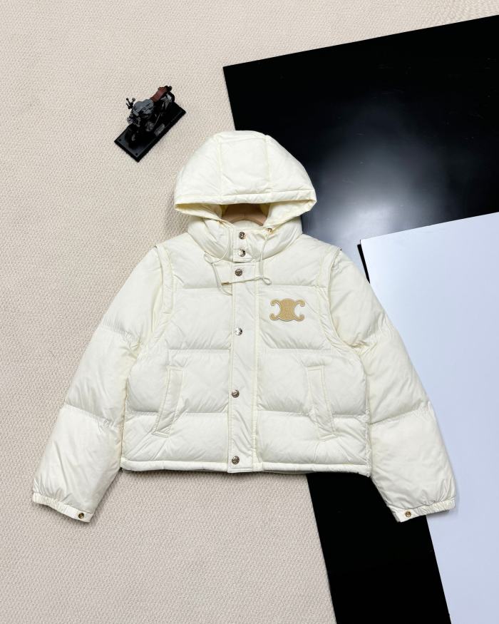 追跡付 セリーヌ 偽物通販 24SSレザー刺繍ロゴ取り外し可能袖連帽ダウンジャケットレディース3色