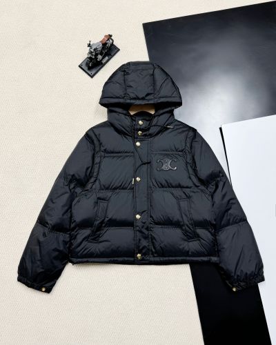 追跡付 セリーヌ 偽物通販 24SSレザー刺繍ロゴ取り外し可能袖連帽ダウンジャケットレディース3色