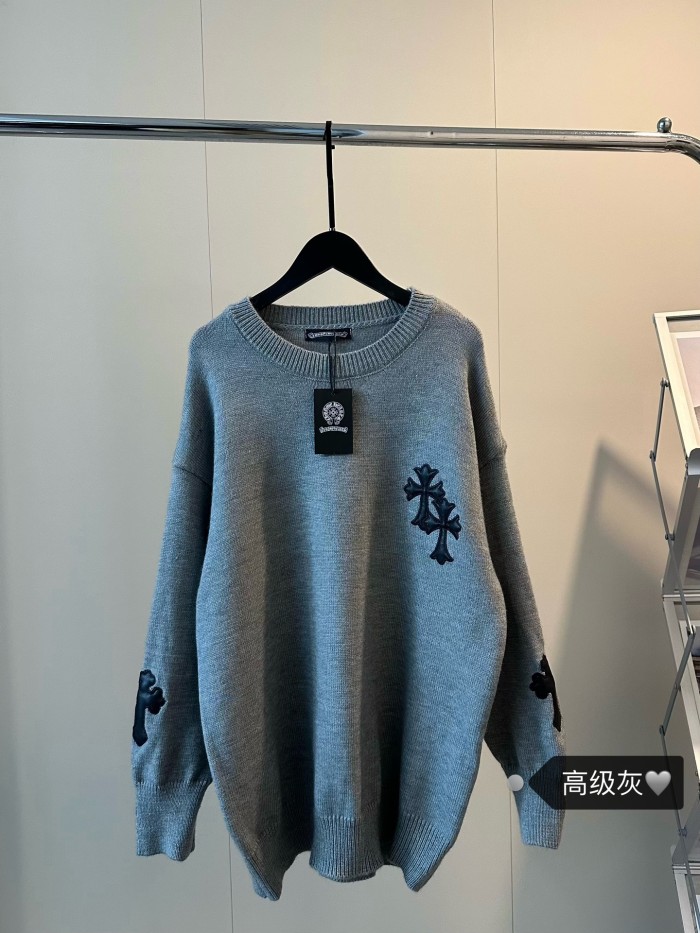 ★超人気 クロムハーツ 激安通販 重工業皮標刺繍高級グレー丸首セーター
