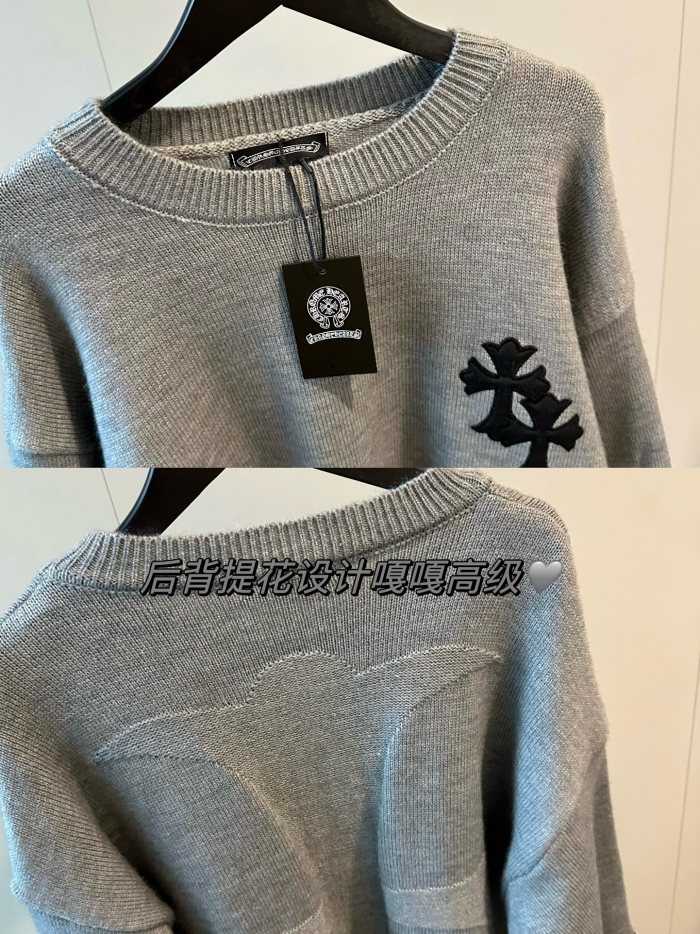 ★超人気 クロムハーツ 激安通販 重工業皮標刺繍高級グレー丸首セーター