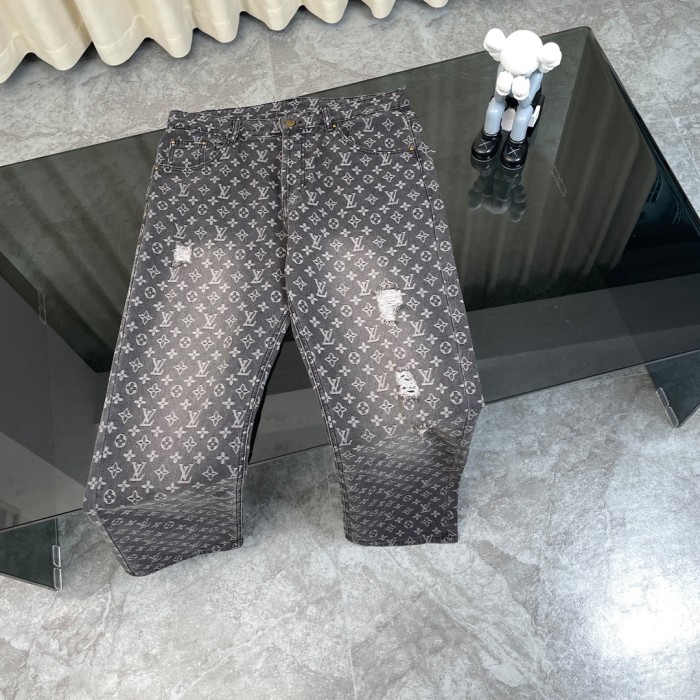 追跡付 ルイヴィトン 激安通販 2025 FW限定グレーの穴開け水洗いレッド刺繍ジーンズ