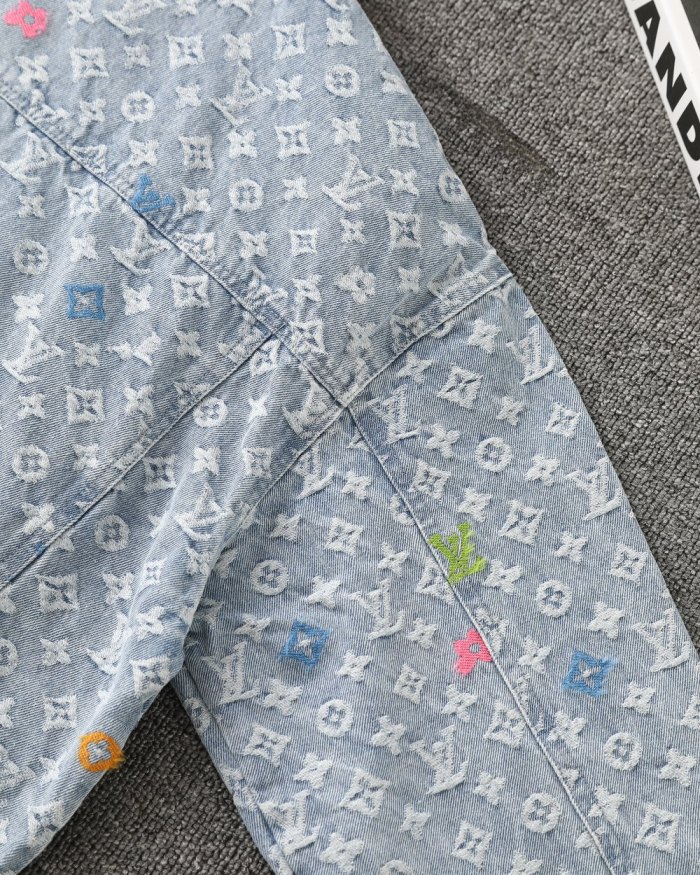 ★超人気 ルイヴィトン コピー  25ss小花文字刺繍開襟革スタンダードシングルブレストデニムジャケット