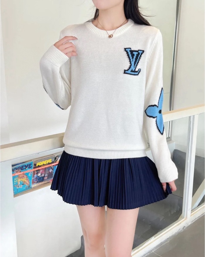 追跡付 ルイヴィトン コピーおすすめ 25 ssショー会場限定スキーシリーズクローバーカフスロゴジャカードカップルニットクルーネックセーター