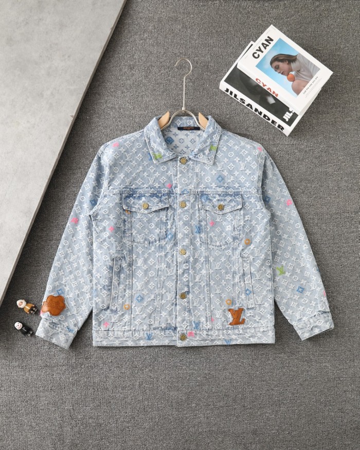 ★超人気 ルイヴィトン コピー  25ss小花文字刺繍開襟革スタンダードシングルブレストデニムジャケット