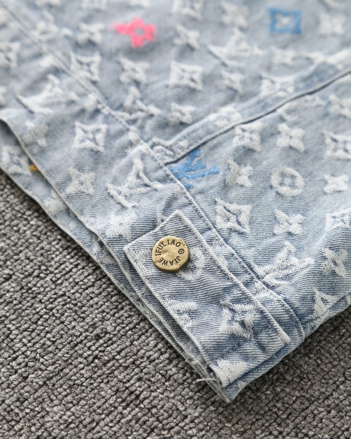★超人気 ルイヴィトン コピー  25ss小花文字刺繍開襟革スタンダードシングルブレストデニムジャケット