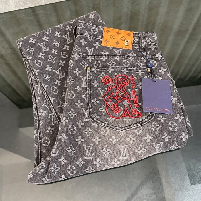 追跡付 ルイヴィトン 激安通販 2025 FW限定グレーの穴開け水洗いレッド刺繍ジーンズ