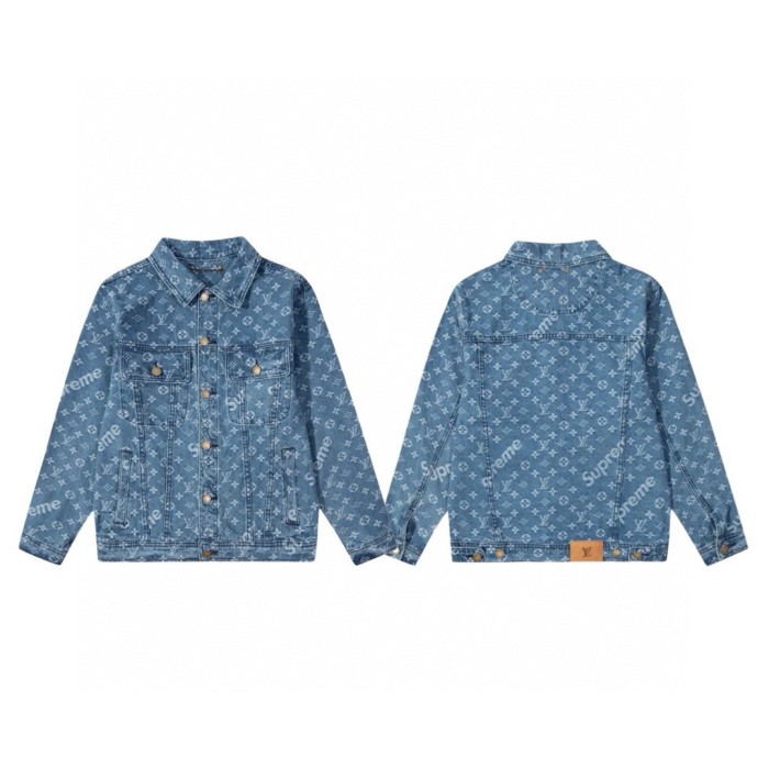 ★超人気 シュプリーム  n級品 ルイヴィトンx Supreme連名の老花満印ロゴアルファベットプリントカップル水洗いデニムジャケット