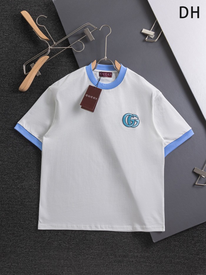使い勝手良し グッチ n級品 胸ダブルG 2色の文字の刺繍🪡ロゴ襟カフススプライシングＴシャツ