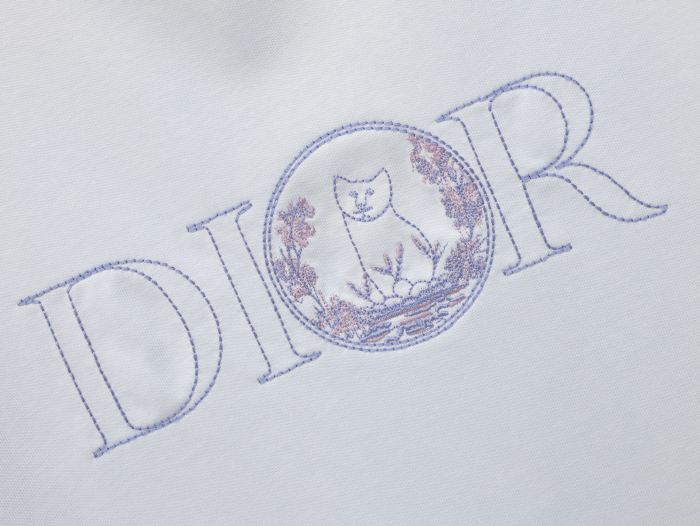 新作 ディオール コピーおすすめ 刺繍透かし文字猫柄ラウンドネック半袖Tシャツ