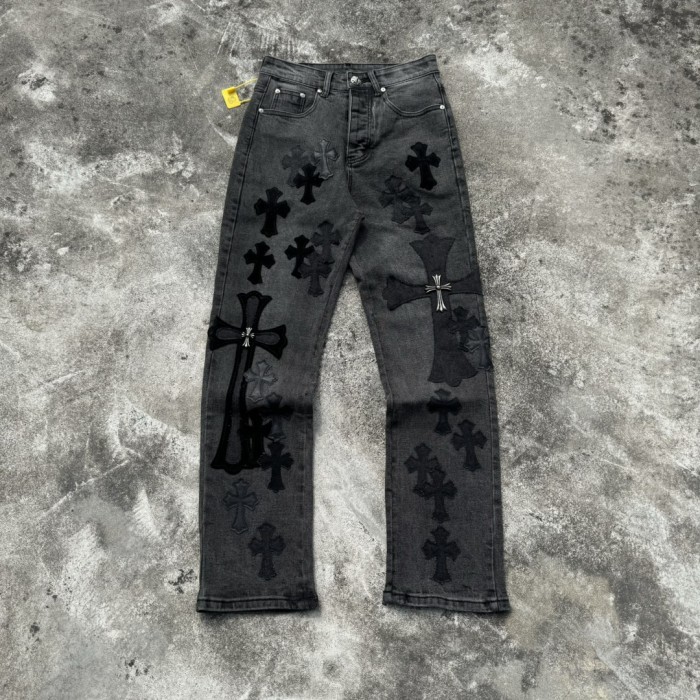 【限定】クロムハーツ n級品 メタルに皮の十字架を貼って旧ブラックロンドン牛王ジーンズ