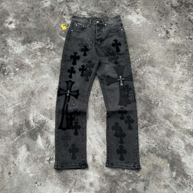 【限定】クロムハーツ n級品 メタルに皮の十字架を貼って旧ブラックロンドン牛王ジーンズ