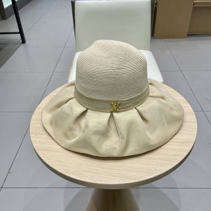 超話題! ルイヴィトン n級品 春夏オーガンザ大リボン麦わら帽子サンバイザー女性折り畳みリボン優雅な旅リゾート漁師帽