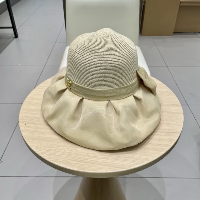 超話題! ルイヴィトン n級品 春夏オーガンザ大リボン麦わら帽子サンバイザー女性折り畳みリボン優雅な旅リゾート漁師帽