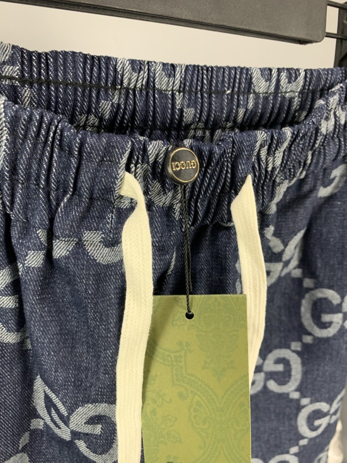 超奇跡の入荷☆ グッチ 偽物通販 GucciフルプリントジャカードダブルGデニムパンツ五分パンツ