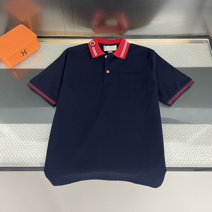 ★超人気 グッチ 偽物通販 Gucciの2025 ss定番赤襟ダブルGGロゴ半袖ポロシャツTシャツ