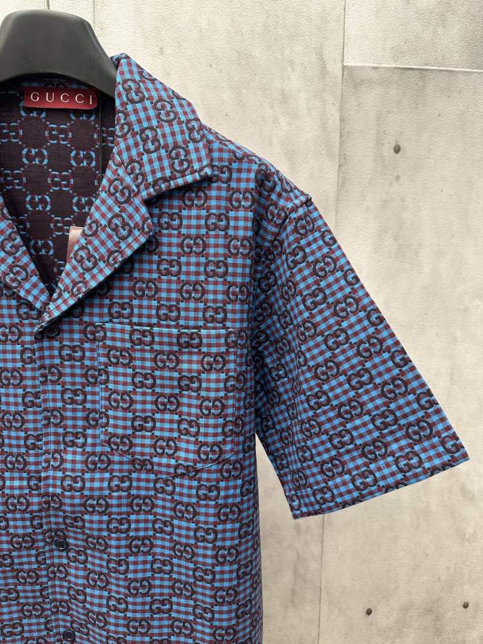 超話題! グッチ 激安偽物 GucciのダブルGチェック綿毛混紡半袖シャツ