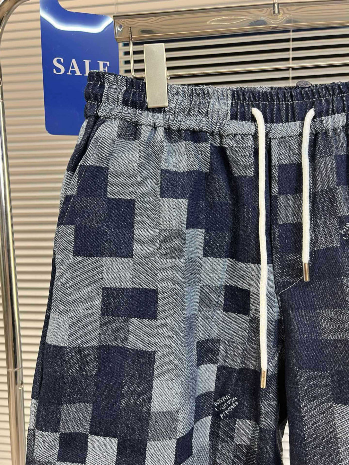 稀少 ルイヴィトン 偽物通販  カウボーイ水洗チェッカーキューブジャカードカジュアルワイドワイド足引き紐ゆるめショートパンツ