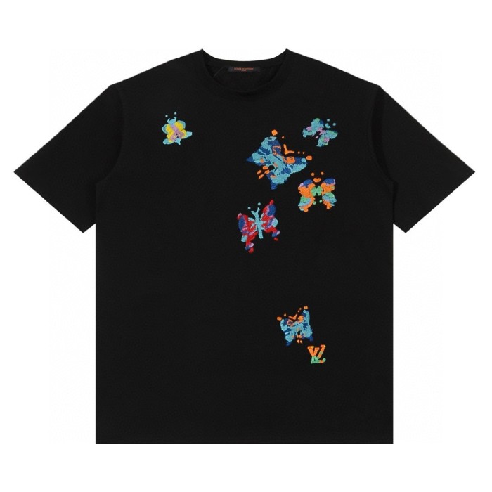 大人気 ルイヴィトン コピーおすすめ 25 ss重工業花蝶刺繍カップル丸首半袖Tシャツ-2色