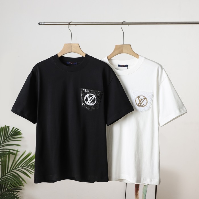 【限定】ルイヴィトン コピー 25 SSスパンコールアクセントポケットロゴ半袖Tシャツ半袖2色