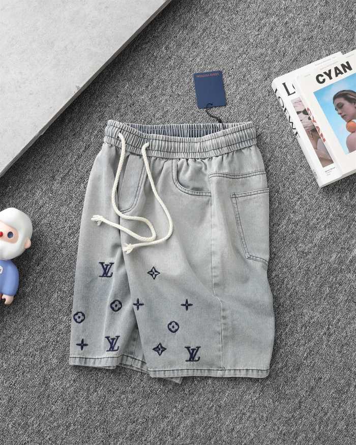 累積売上総額第１位！ルイヴィトン コピー 25 SS重工刺繍ロゴ水洗旧デニムパンツ5分パンツ