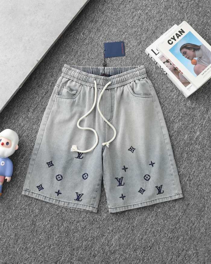 累積売上総額第１位！ルイヴィトン コピー 25 SS重工刺繍ロゴ水洗旧デニムパンツ5分パンツ